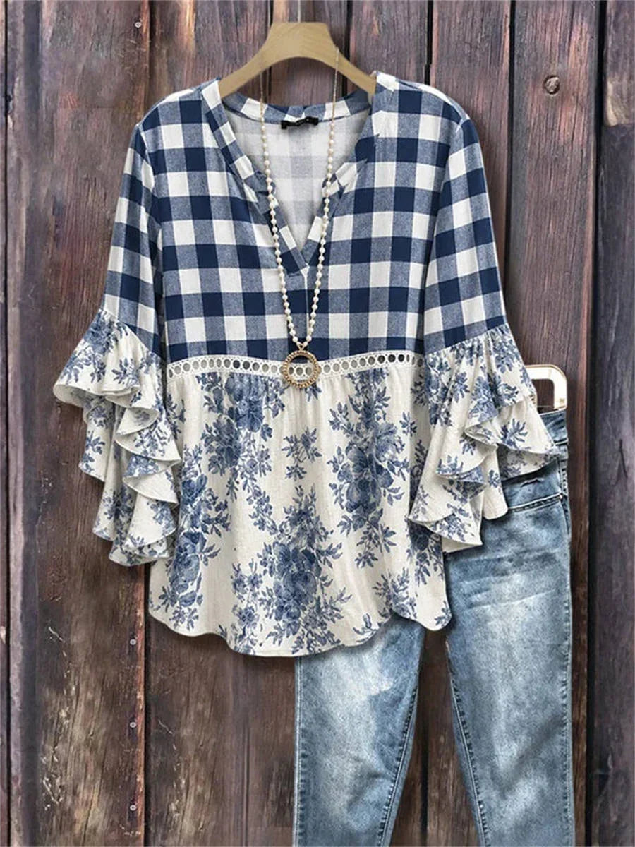 Vintage Floral Print 3/4 Sleeve Blouse