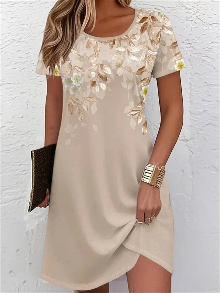 Vintage Leaf Print Round Neck Short Sleeve Dress
