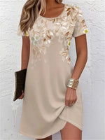 Vintage Leaf Print Round Neck Short Sleeve Dress