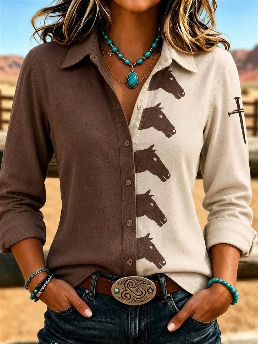 Shirt Collar Long Sleeve Color Block Printing Regular Micro-Elasticity Loose Shirt For Women