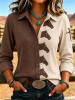 Shirt Collar Long Sleeve Color Block Printing Regular Micro-Elasticity Loose Shirt For Women