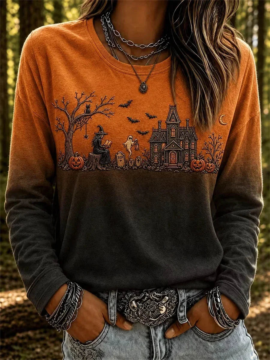 Casual Halloween Crew Neck Long Sleeve T-shirt