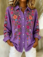 Vintage Casual Shirt Collar Long Sleeve Floral Printing Top
