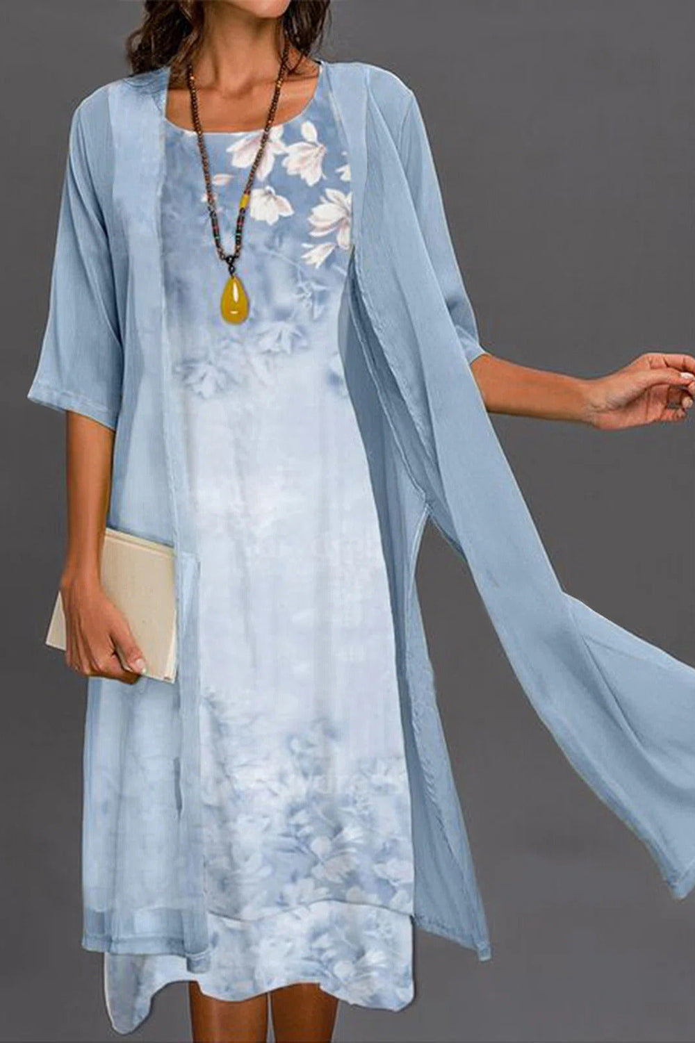 Floral Print Half Sleeves Two Piece Midi Dress