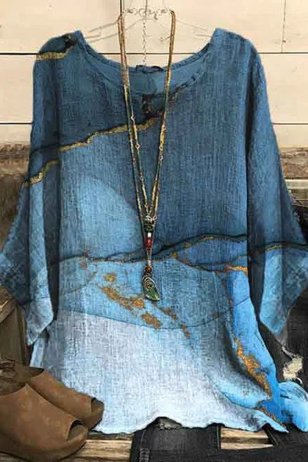 Marbling Print Crew Neck 3/4 sleeve Blouse