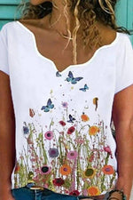 Floral Print V-neck Short Sleeves T-shirt
