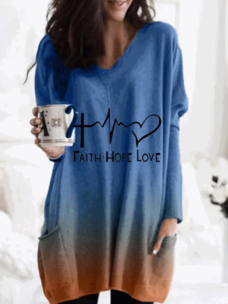 Alphabet Print V-neck Long Sleeves Blouse