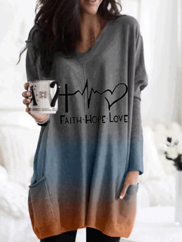 Alphabet Print V-neck Long Sleeves Blouse