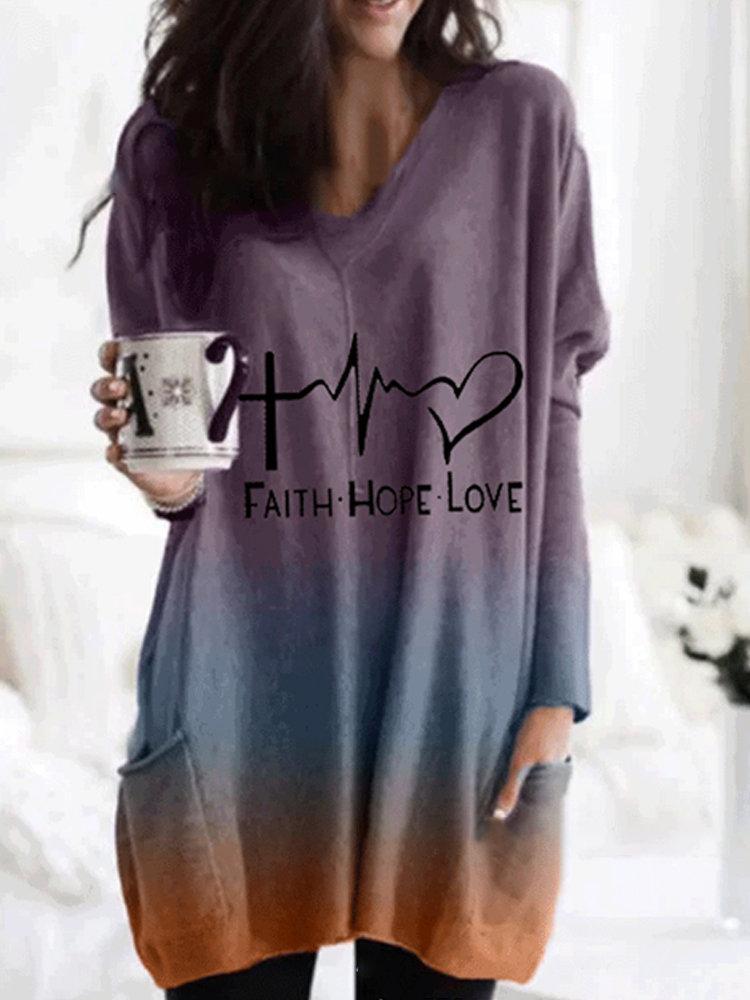 Alphabet Print V-neck Long Sleeves Blouse