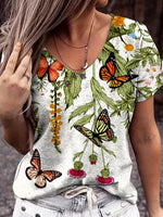 Butterfly Floral Print V-neck Short Sleeves T-shirt