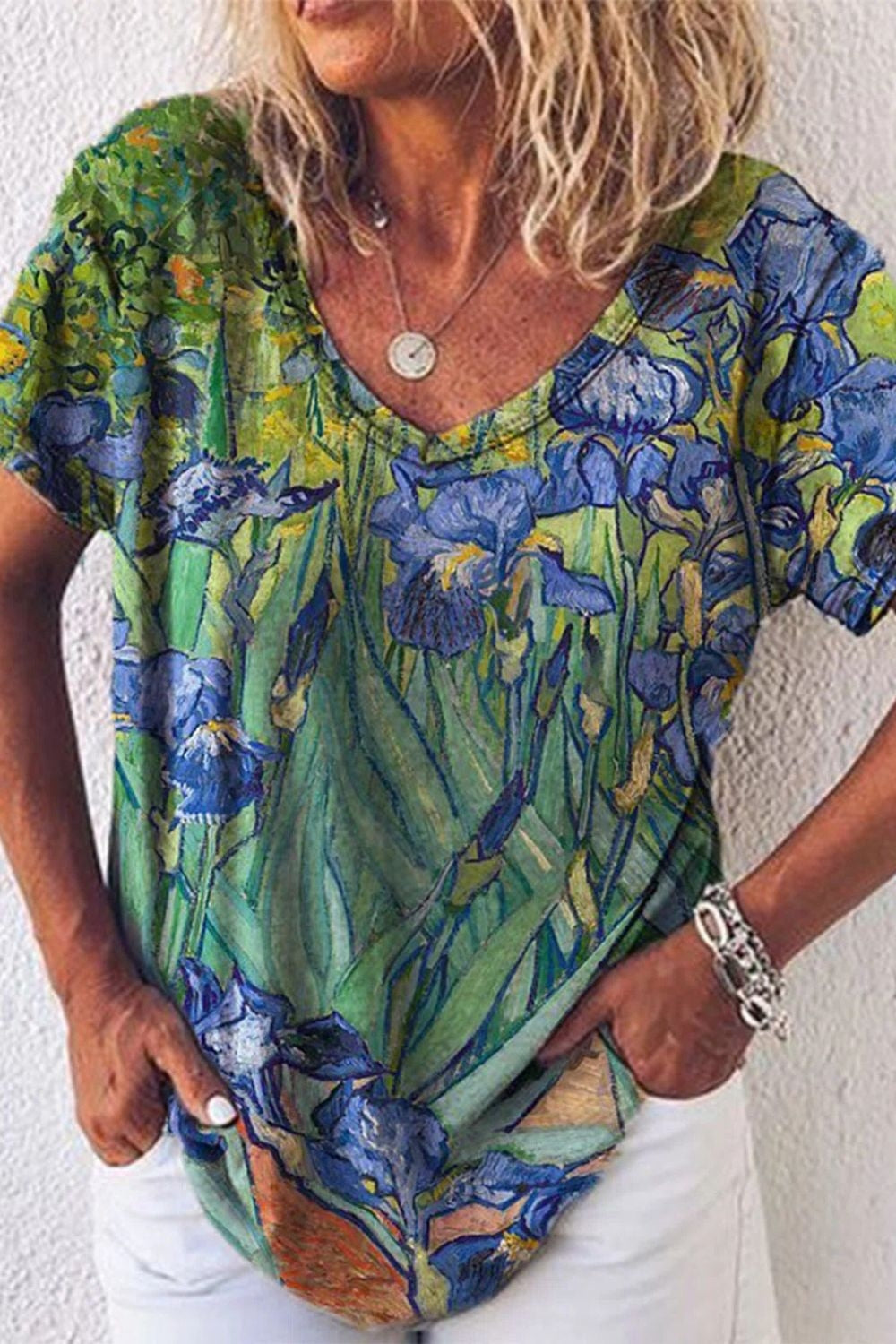 Irises Print Round Neck Short Sleeves T-shirt