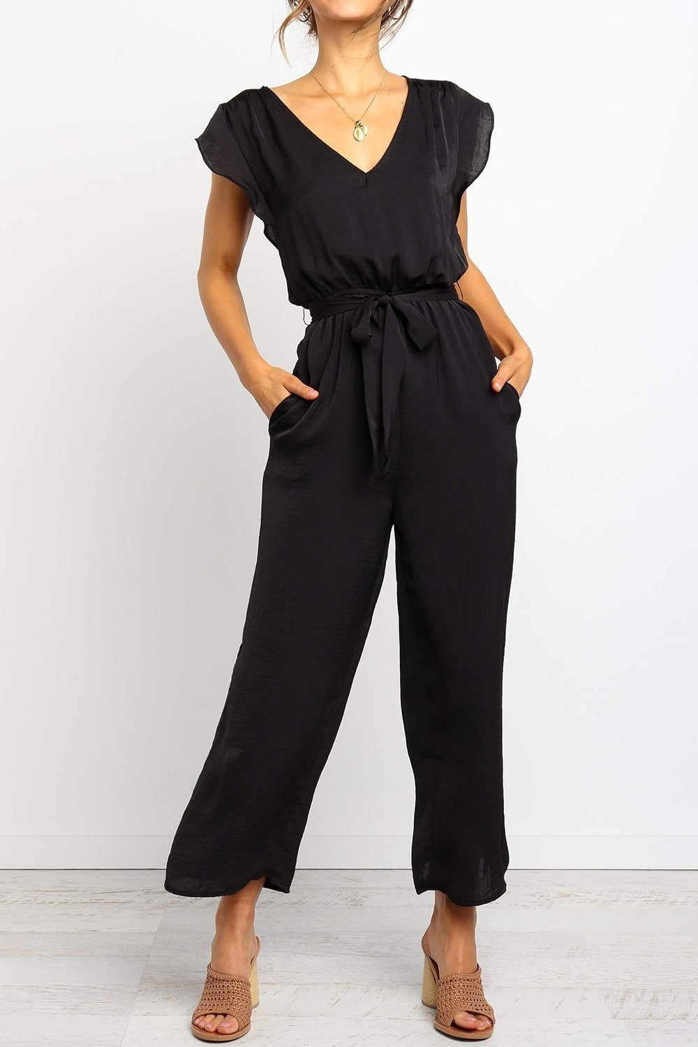 Solid Color V-neck Waist Tie Cap Sleeves Jumpsuit