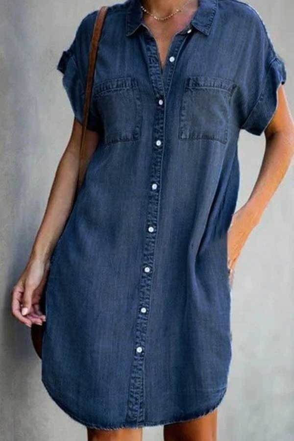 Solid Color Collared Buttons Casual Shirt Dress