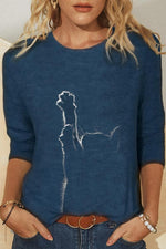 Cat Print Crew Neck Long Sleeves Casual Shirts