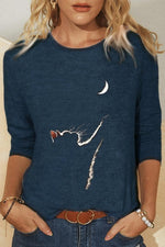 Moon Cat Print Crew Neck Long Sleeves Sweatshirt