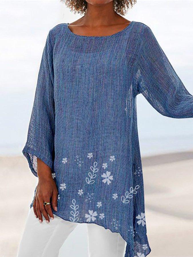 Floral Print Crew Neck Irregular Hem 3/4 Sleeves Blouse