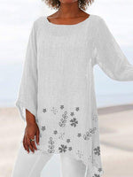 Floral Print Crew Neck Irregular Hem 3/4 Sleeves Blouse