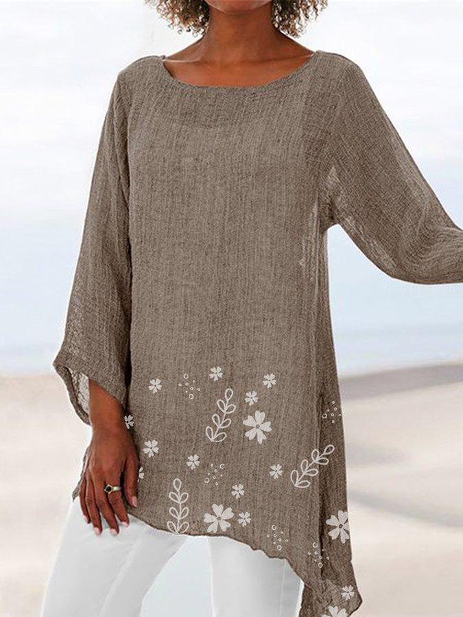 Floral Print Crew Neck Irregular Hem 3/4 Sleeves Blouse
