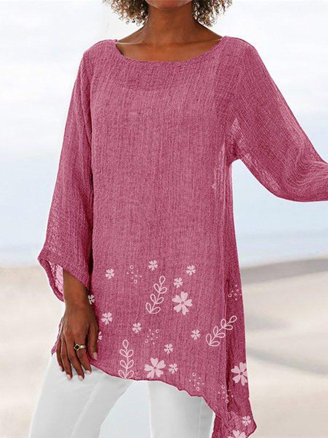 Floral Print Crew Neck Irregular Hem 3/4 Sleeves Blouse