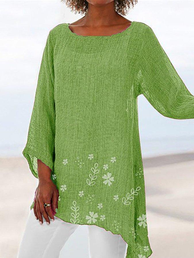 Floral Print Crew Neck Irregular Hem 3/4 Sleeves Blouse