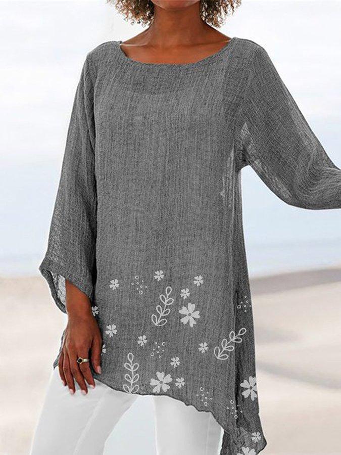 Floral Print Crew Neck Irregular Hem 3/4 Sleeves Blouse