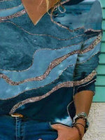 Marbling Print V-neck Long Sleeves Casual Blouse