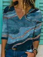 Marbling Print V-neck Long Sleeves Casual Blouse