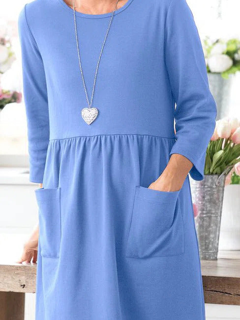 Solid Color with Pockets 3/4 Sleeves Midi Dress