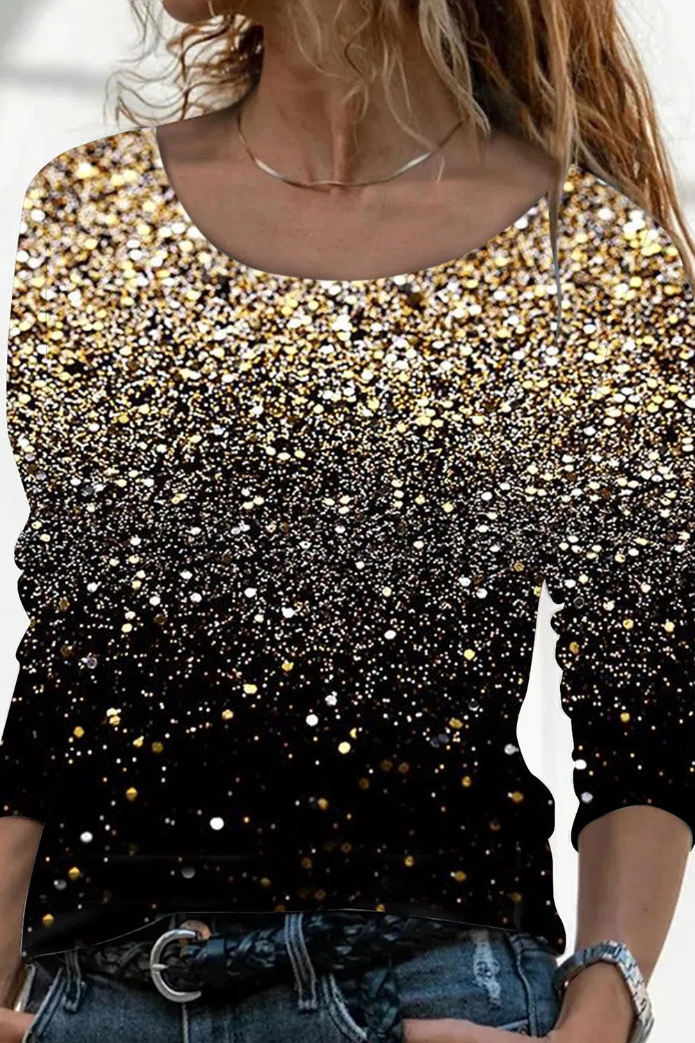 Glitter Print Round Neck Long Sleeves Sweatshirt