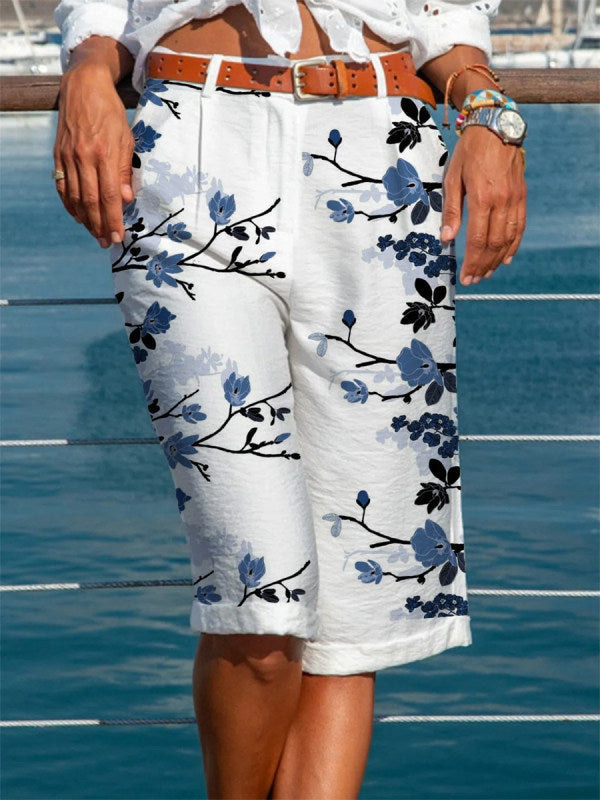 Floral Print Zipper Casual Five-point Pants