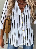 Stripe Print V-neck Buttons Long Sleeves Blouse