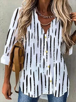 Stripe Print V-neck Buttons Long Sleeves Blouse