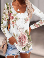 Floral Print Scoop Neck Buttons Long Sleeves Shirts