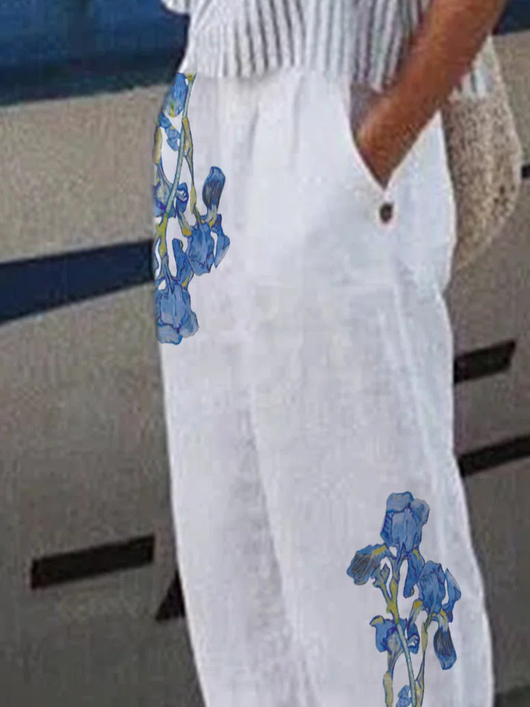 Irises Print with Pockets Casual Loose Pants