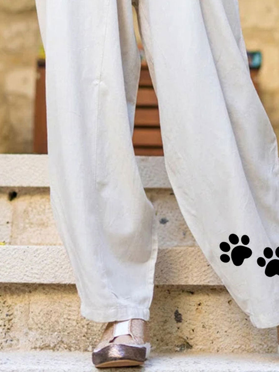 Cat Print with Pockets Casual Elastic Waist Pants