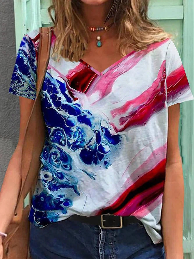Abstract Tie-dye Print V-neck Short Sleeves T-shirt