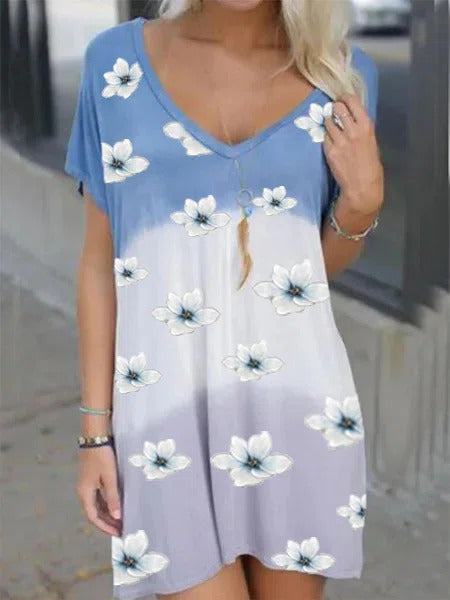 Floral Print V-neck Short Sleeves Mini Dress