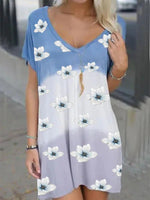 Floral Print V-neck Short Sleeves Mini Dress