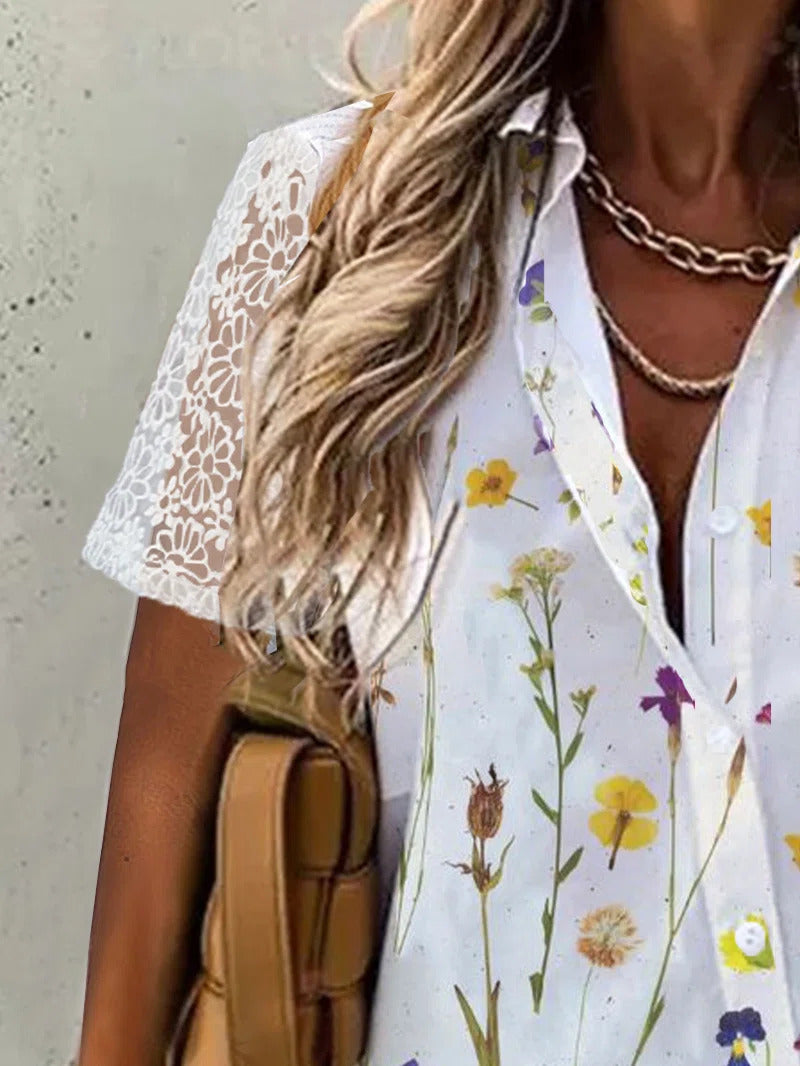 Floral Print Lapel Buttons Short Sleeves Blouse