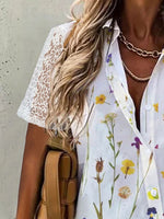 Floral Print Lapel Buttons Short Sleeves Blouse