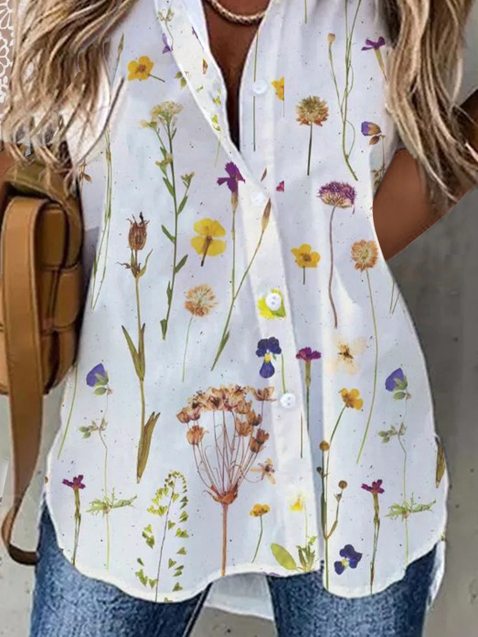 Floral Print Lapel Buttons Short Sleeves Blouse