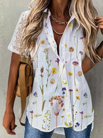 Floral Print Lapel Buttons Short Sleeves Blouse