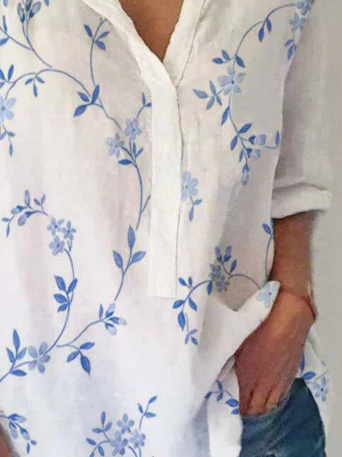 Leaf Print V-neck Buttons Long Sleeves Shirt