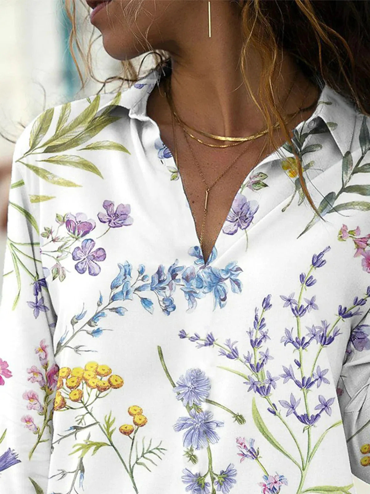 Floral Print Lapel V-neck Long Sleeves Blouses