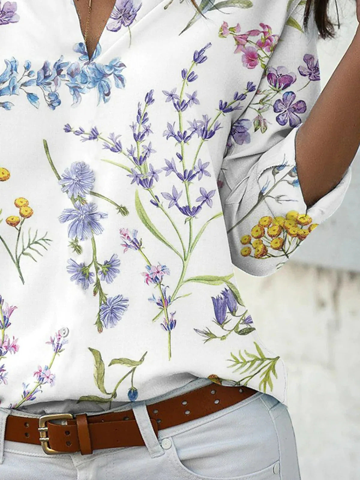 Floral Print Lapel V-neck Long Sleeves Blouses