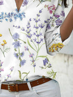 Floral Print Lapel V-neck Long Sleeves Blouses
