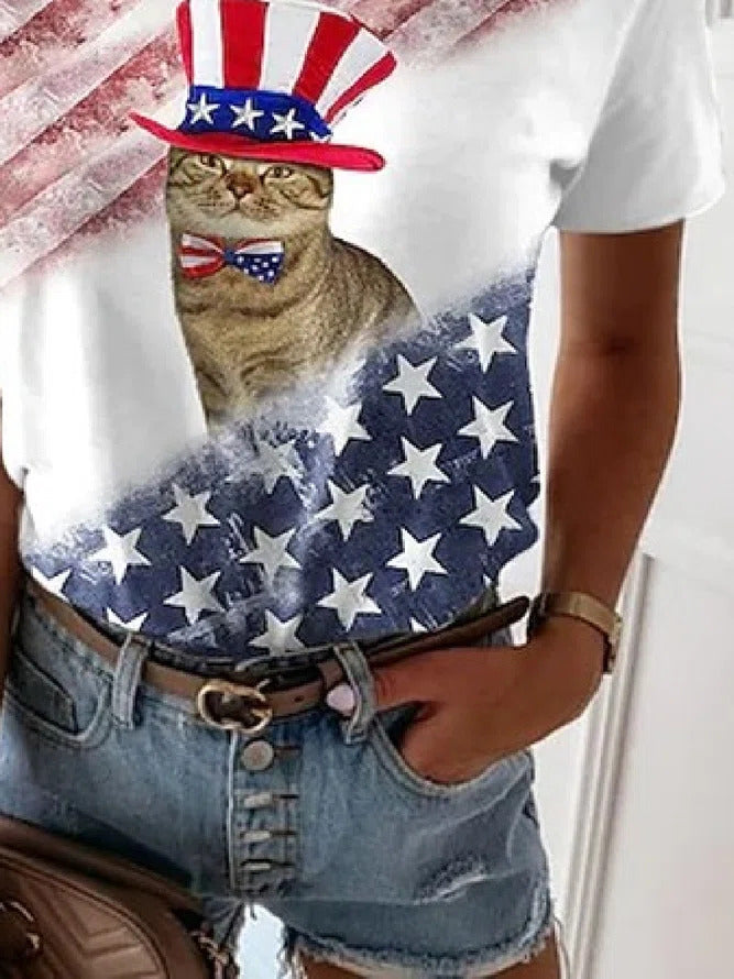 American Flag and Cat Print Short Sleeves T-shirt