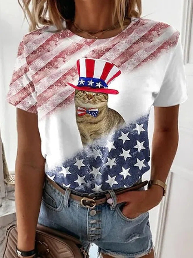 American Flag and Cat Print Short Sleeves T-shirt