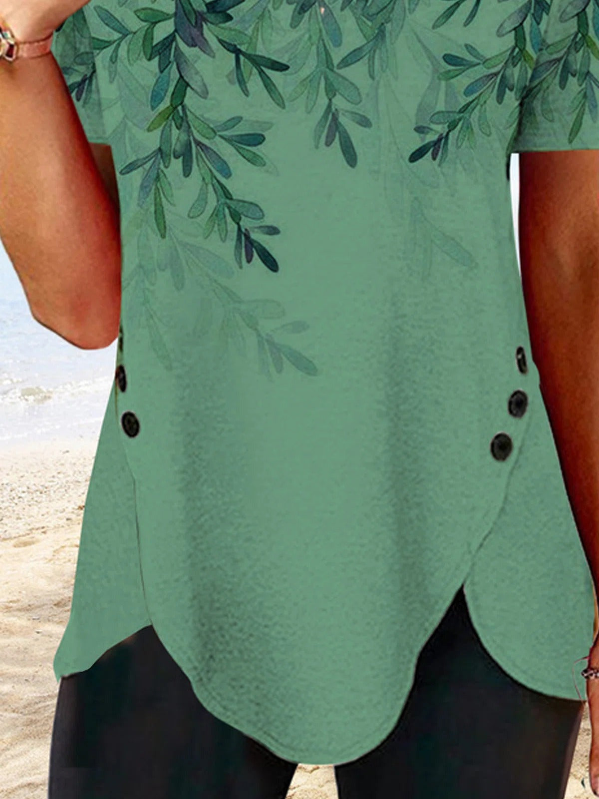 Tree Print Buttons Irregular Hem Short Sleeves T-shirt