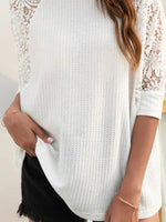 Solid Color Crew Neck Lace Half Sleeves Blouse